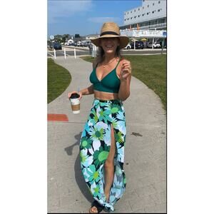 AFRM Electric Green Floral Print 70s Psychedelic High Waist A-Line Deren SkirtXS